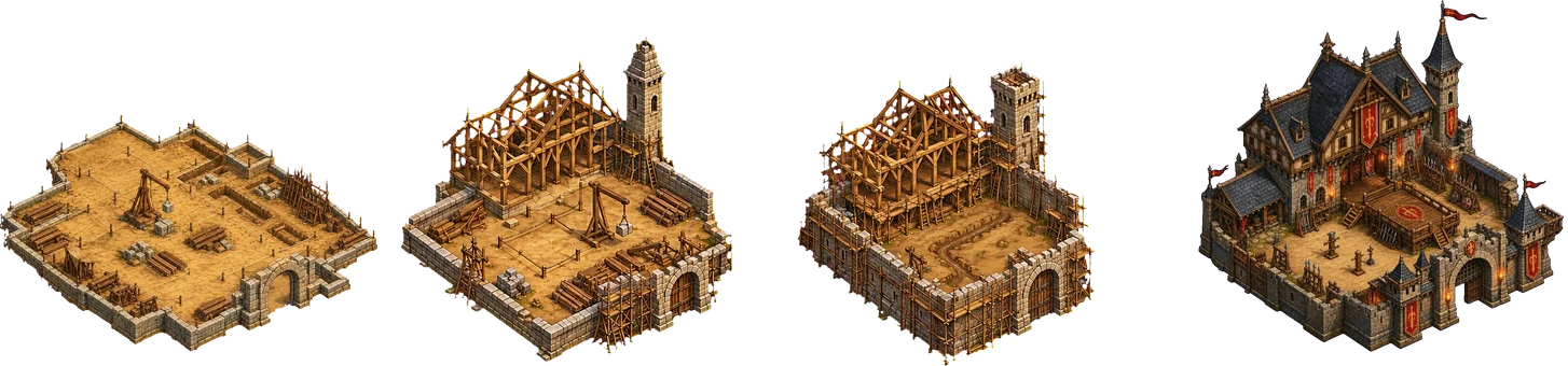 Four painted stages of the military school: a levelled yard with a crane and stacked timber, then a raised frame and scaffolded tower, then walls closed around the frame, then the finished hall with banners and lit windows.