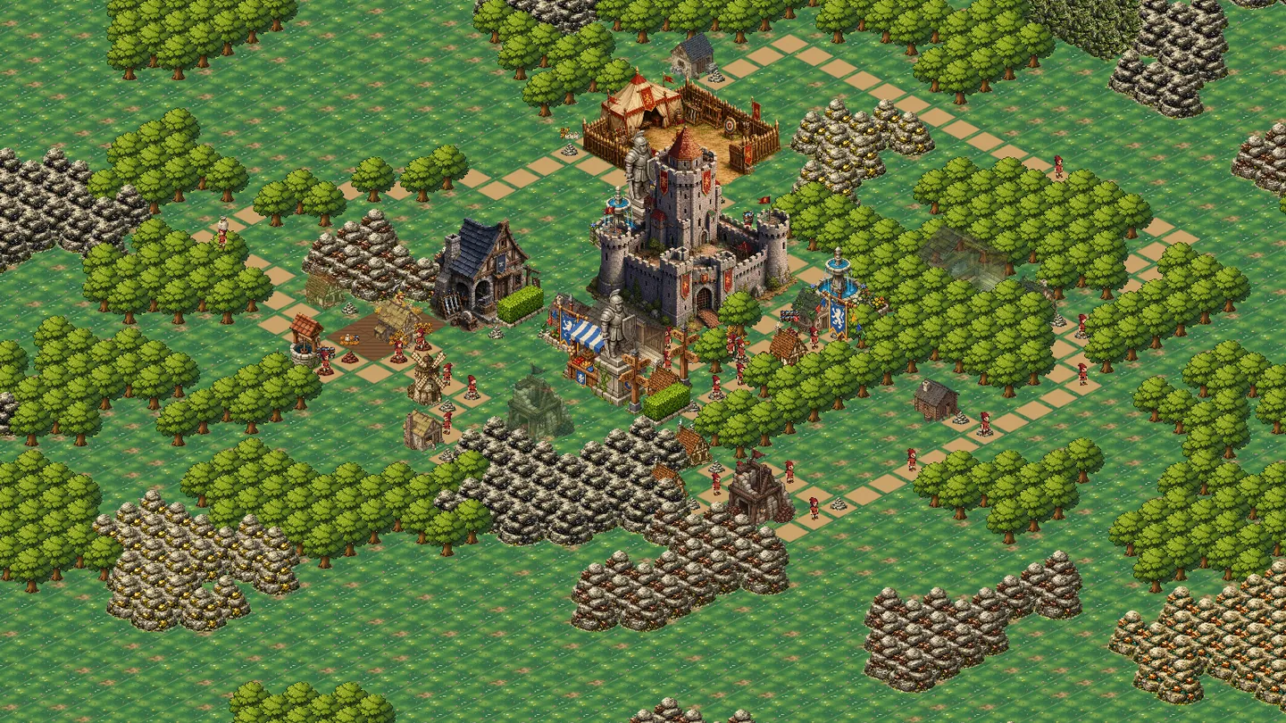 An isometric colony around a stone castle: roads, cairns, carriers walking with goods, forests and rock deposits.