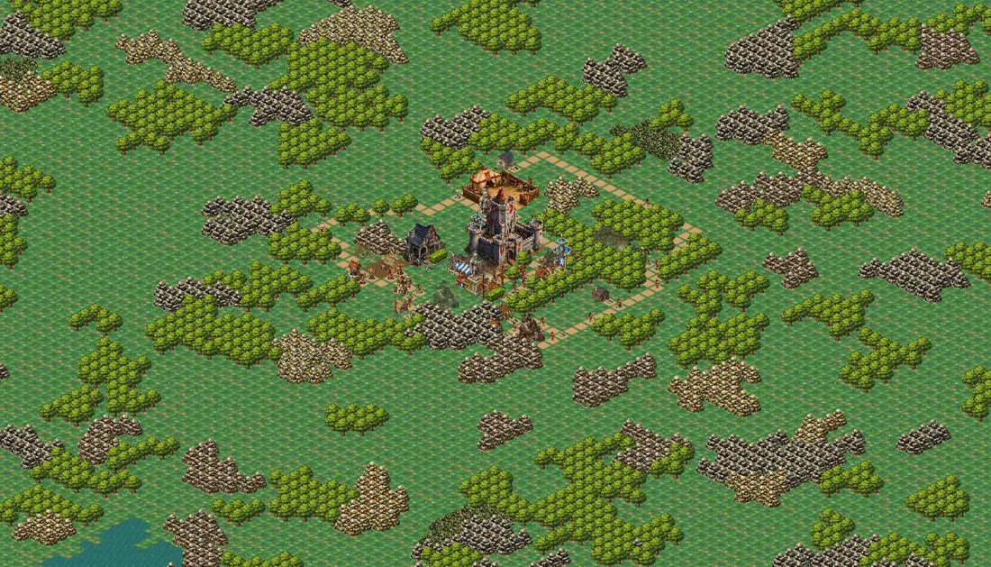 Zoomed-out view of the map: forests, rock deposits and a lake around the colony.