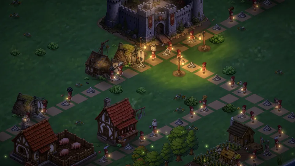 Nightfall over the castle: lampposts lit along the roads, carriers with lanterns, fireflies over the fields.