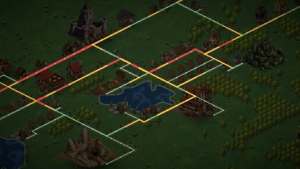 The traffic map over the village: every road leg drawn as a coloured line, from pale for quiet legs to red for saturated ones.