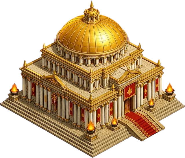 The gilded temple, an isometric building with a golden dome on a stepped stone platform.
