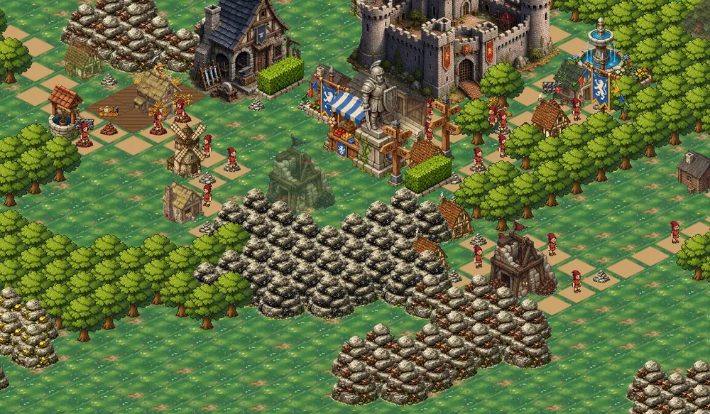 Close view of a village: mill, market stall, well, houses and a mine at the foot of a rocky ridge.